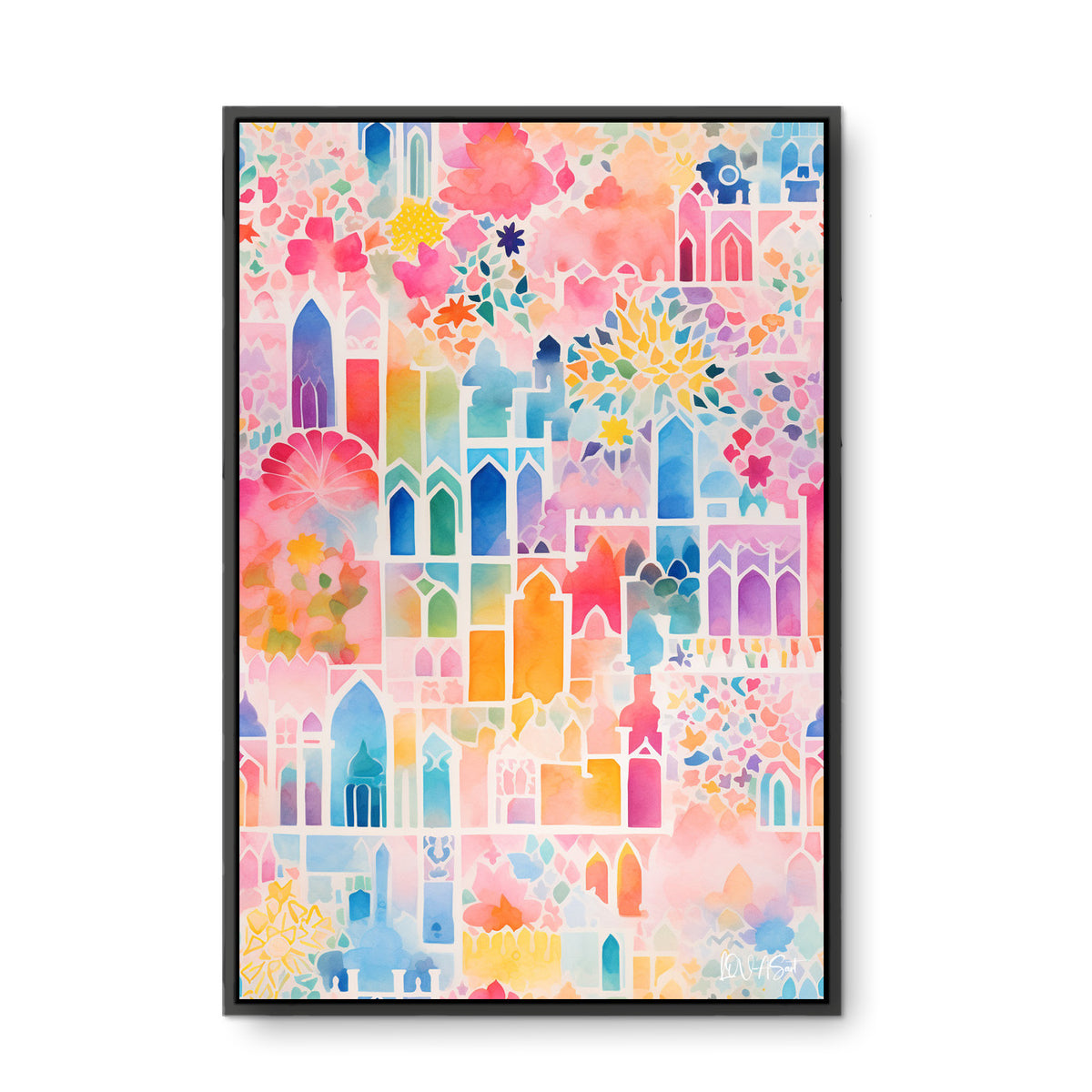 Pastel Şehir Desenleri - Kalın Metal Çerçeveli Kanvas Tablo