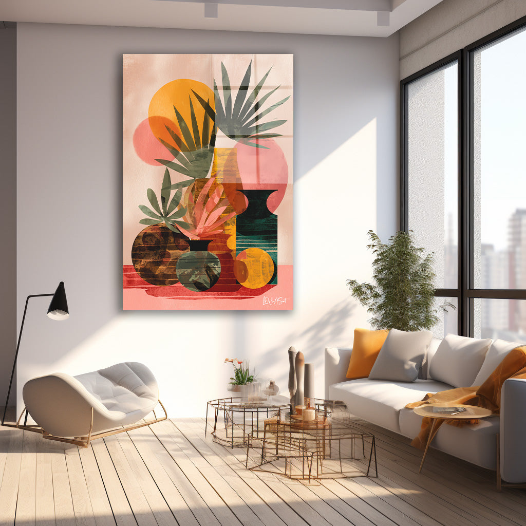 Pastel Vazolar ve Yapraklar cam tablo — farklı açıdan görünüm