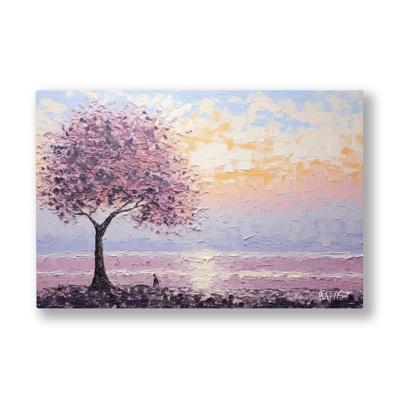 Pembe Ağaç Sahili kanvas tablo — Sakin bir kıyıda gün batarken tek pembe ağaç suya doğru eğiliyor.