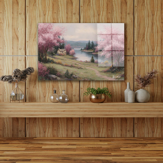 Pembe Ağaçlı Göl Kıyısı cam tablo — farklı açıdan görünüm