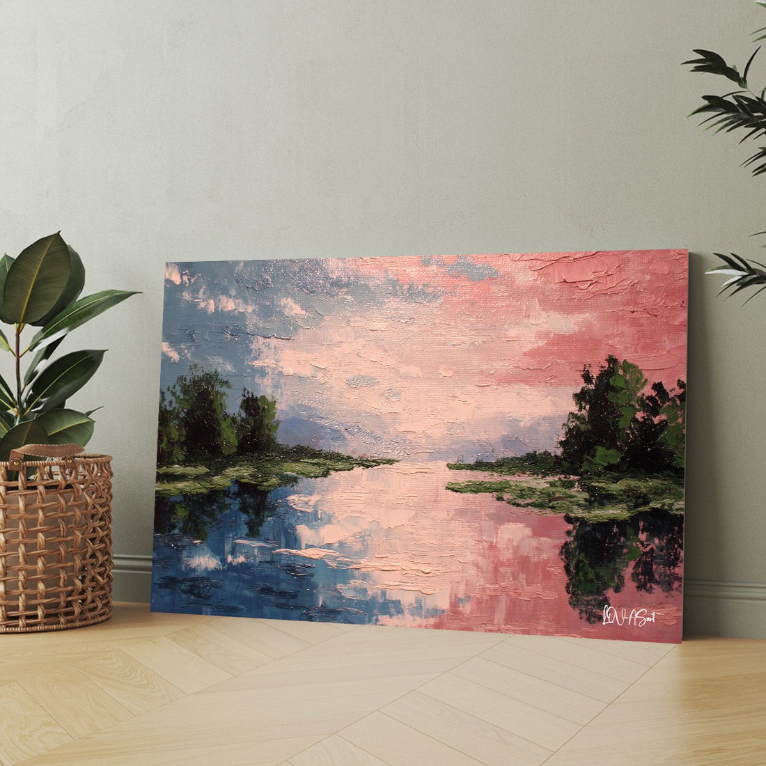 Pembe Akşam Gölü kanvas tablo — iç mekân uygulama örneği