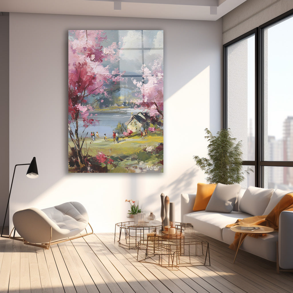 Pembe Bahar Bahçesi cam tablo — farklı açıdan görünüm