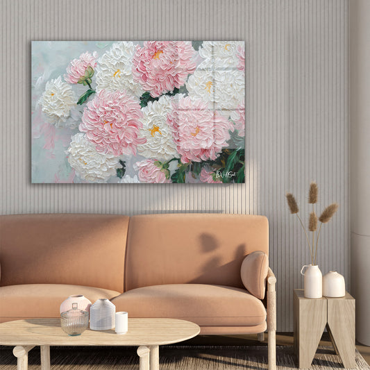 Pembe Beyaz Kasımpatları cam tablo — farklı açıdan görünüm
