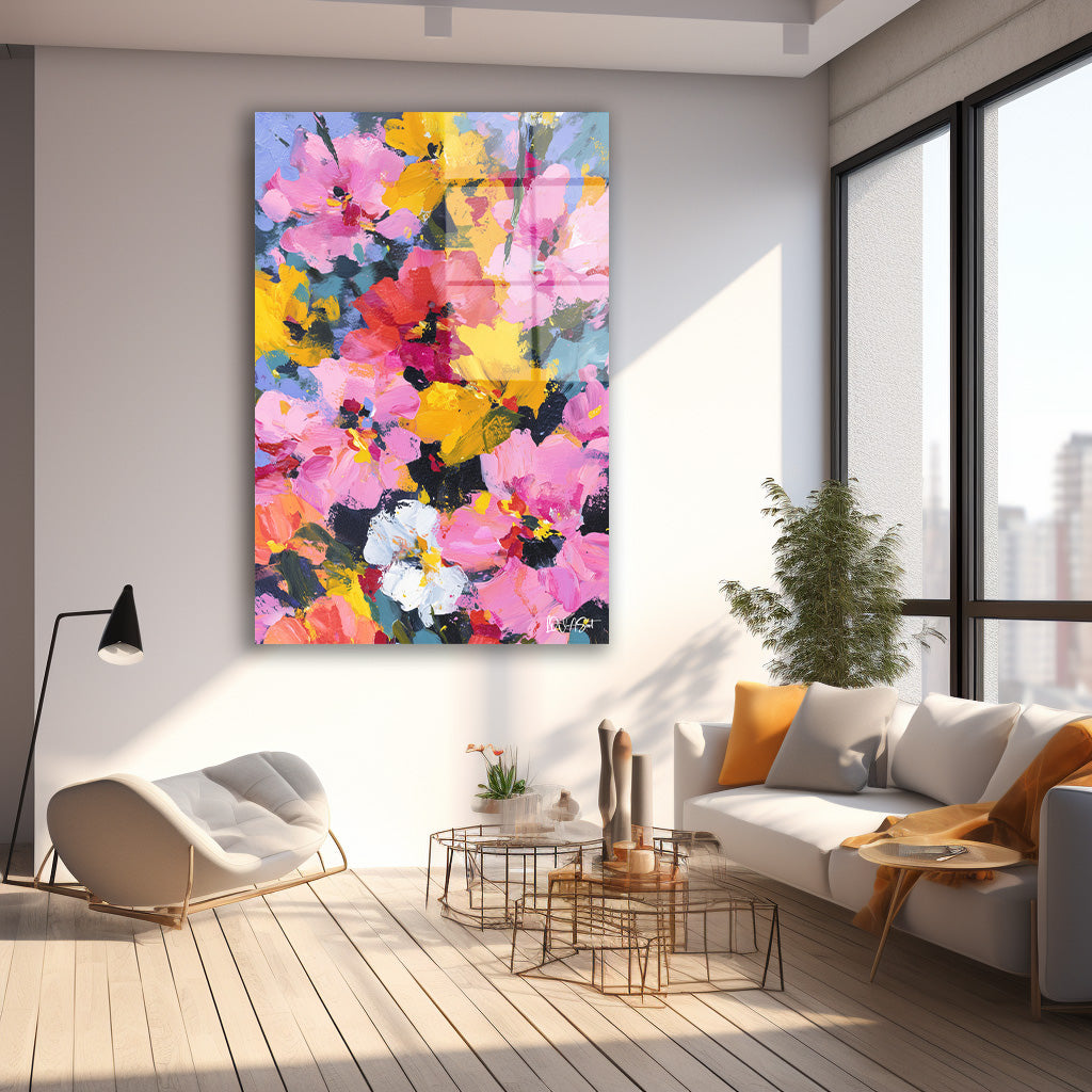 Pembe Çiçek Denizi cam tablo — farklı açıdan görünüm