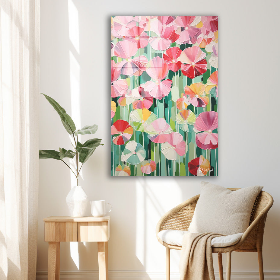 Pembe Çiçek Deseni cam tablo — iç mekân uygulama örneği