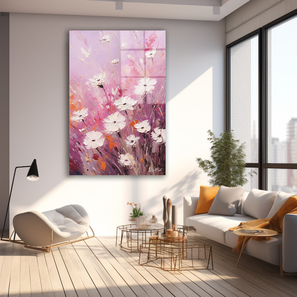 Pembe Çiçek Tarlası 3 cam tablo — farklı açıdan görünüm