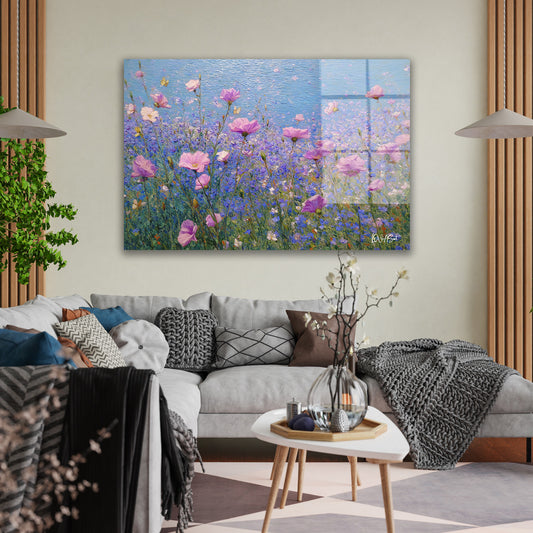 Pembe Çiçek Tarlası cam tablo — duvarda dekorasyon görünümü
