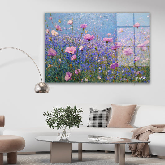 Pembe Çiçek Tarlası cam tablo — farklı açıdan görünüm