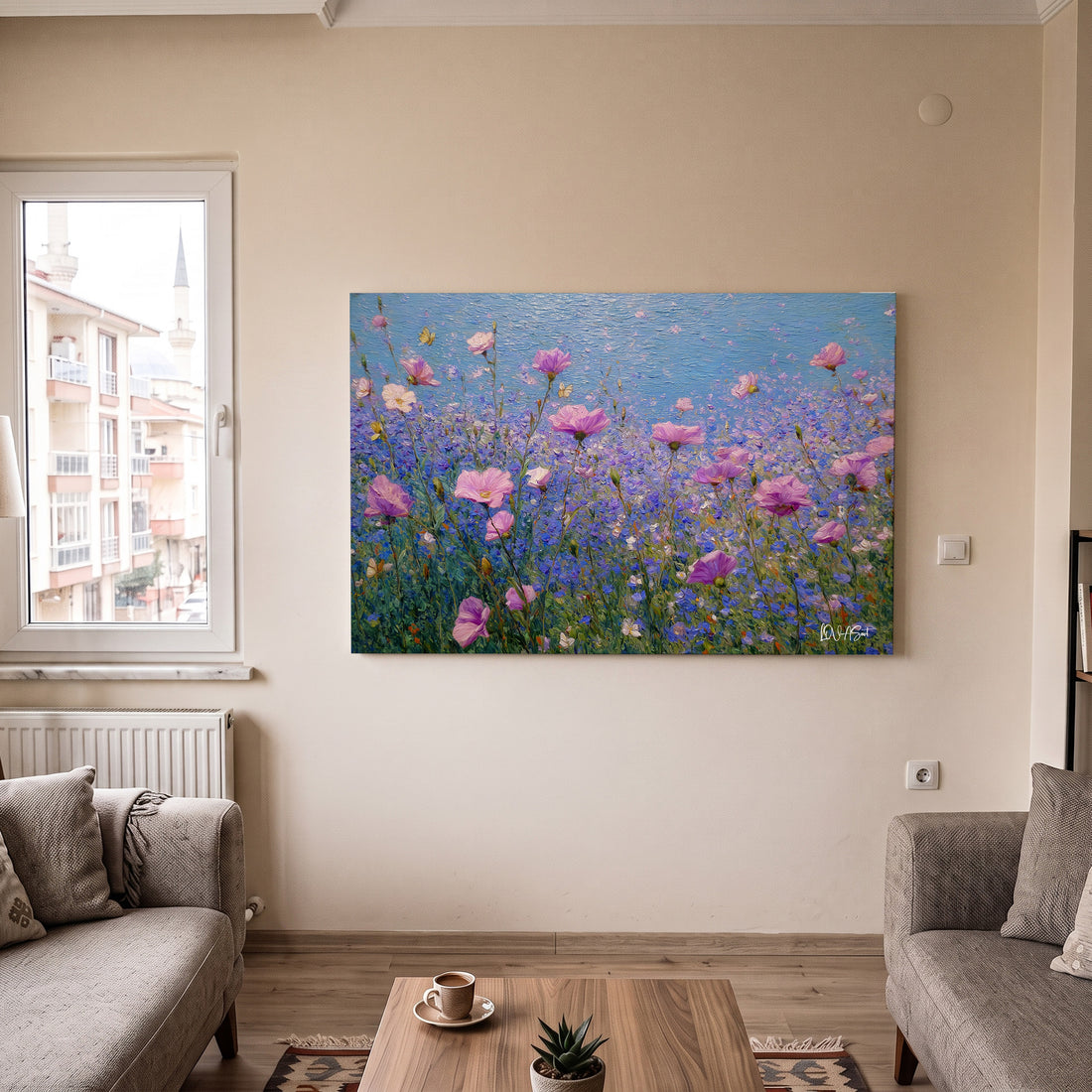 Pembe Çiçek Tarlası kanvas tablo — alternatif mekân görünümü