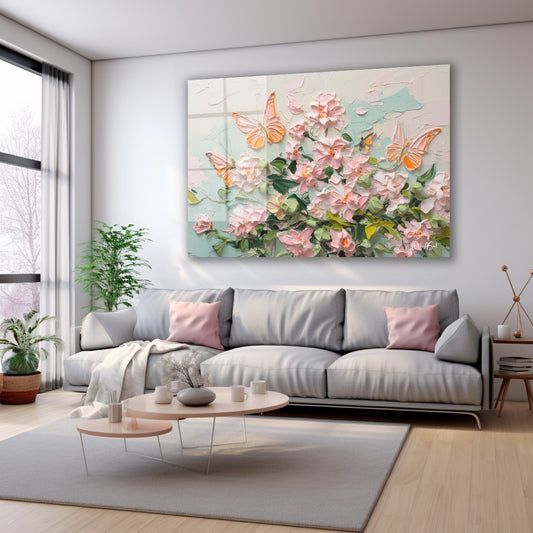 Pembe Çiçek ve Kelebekler cam tablo — farklı açıdan görünüm