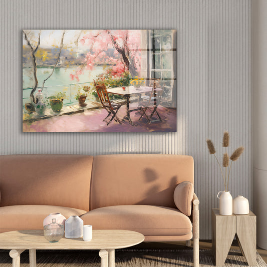 Pembe Çiçekli Teras cam tablo — farklı açıdan görünüm