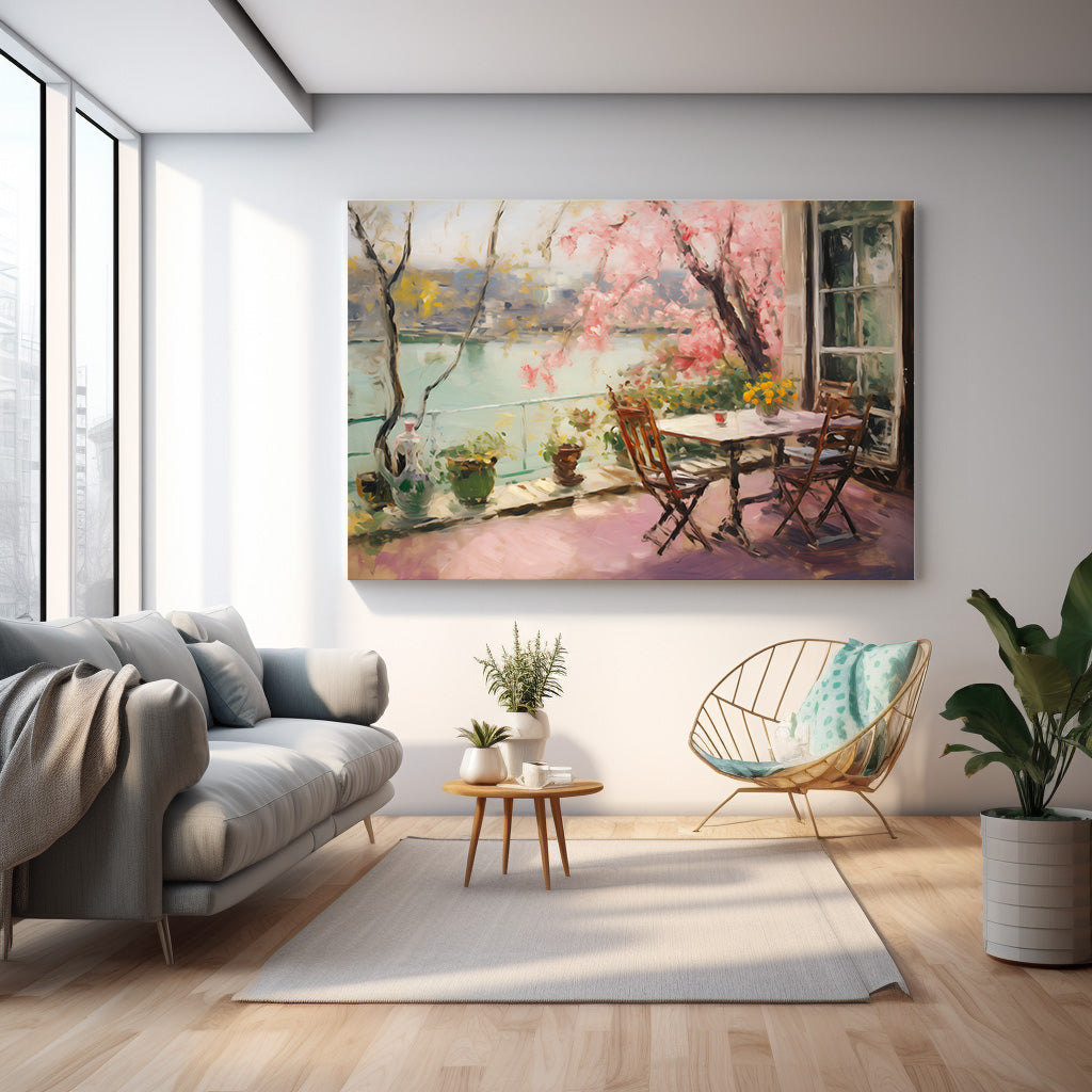 Pembe Çiçekli Teras kanvas tablo — farklı açıdan görünüm