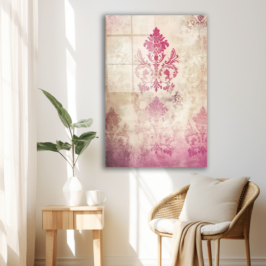 Pembe Damask Deseni cam tablo — duvarda dekorasyon görünümü