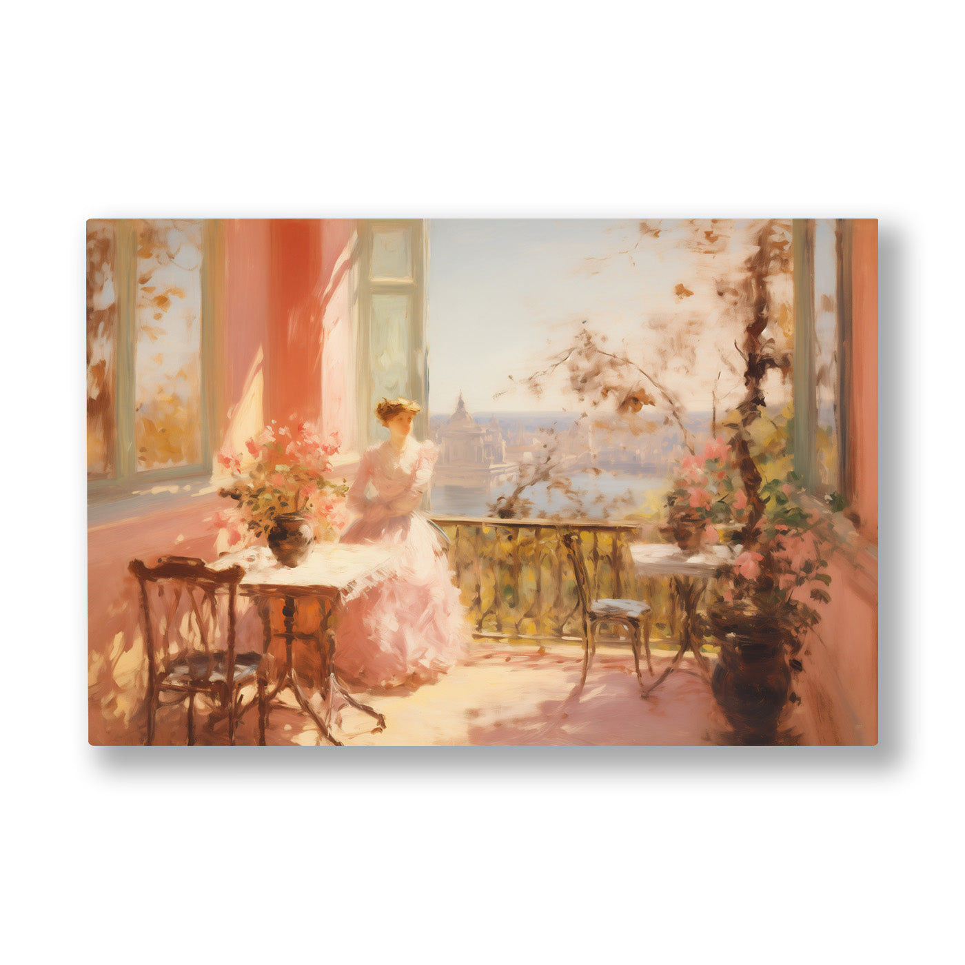 Pembe Elbiseli Kadın İçmekan kanvas tablo — Işıklı bir salonda beyaz masalar ve pembe elbiseli kadın silueti.