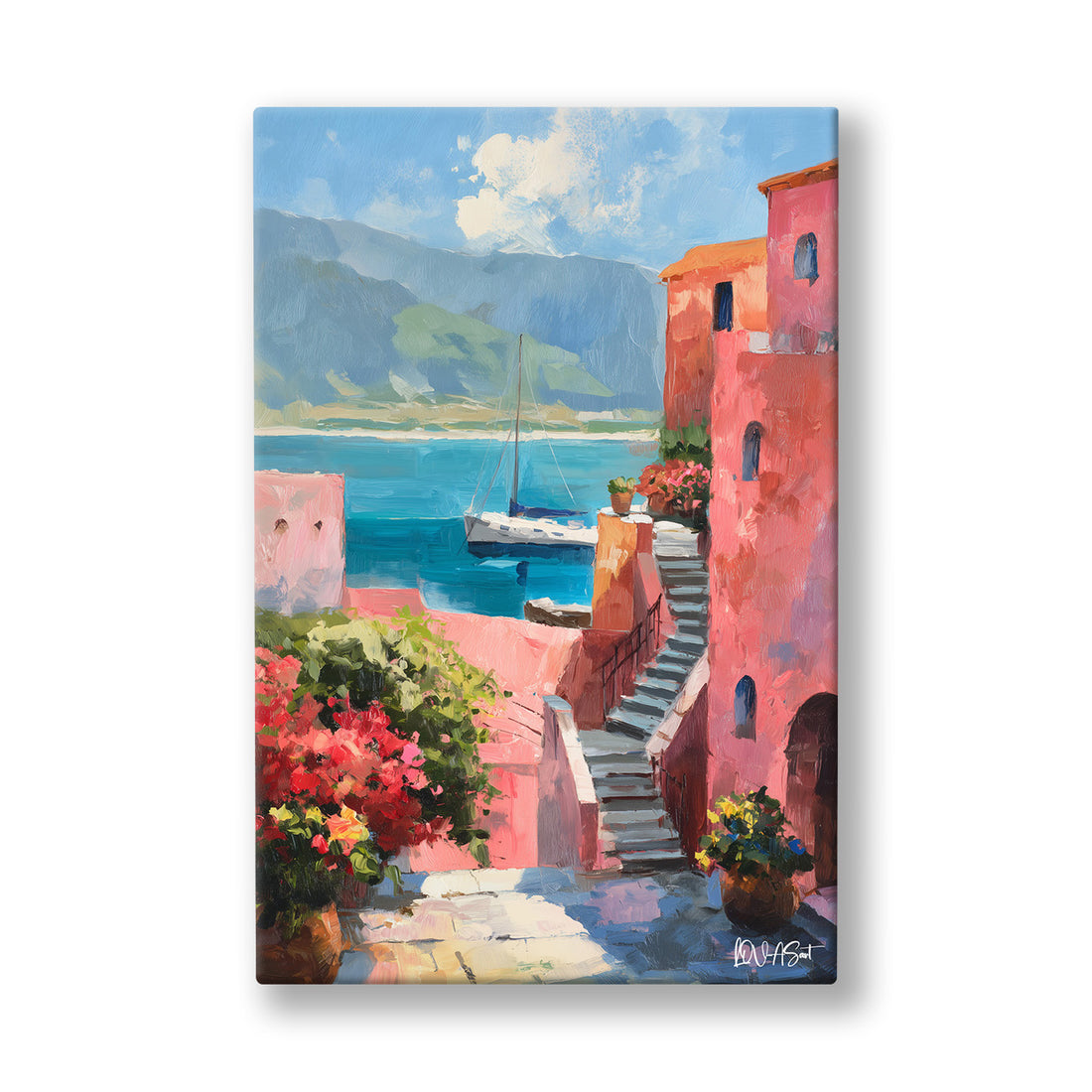Pembe Evli Koy kanvas tablo — Mavi bir koyun kıyısında yükselen pembe ve mercan renkli evler.