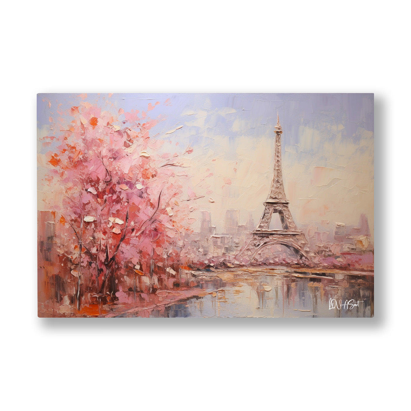 Pembe Eyfel Kulesi kanvas tablo — Pembe çiçekli ağaçların ardında sisli Paris ve Eyfel Kulesi.