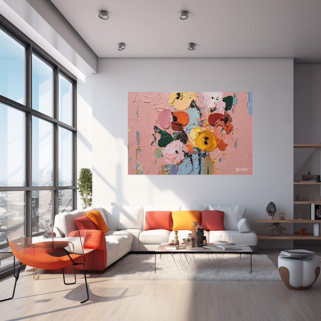 Pembe Fonda Çiçekler kanvas tablo — iç mekân uygulama örneği