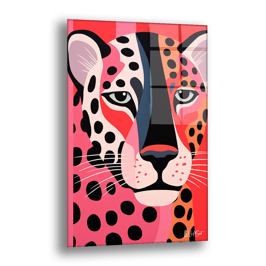 Pembe Fonda Leopar cam tablo — grafik çizgilerle kurulmuş bir leopar yüzünü pembe, siyah ve turuncunun cesur üçlüsüyle sunar.