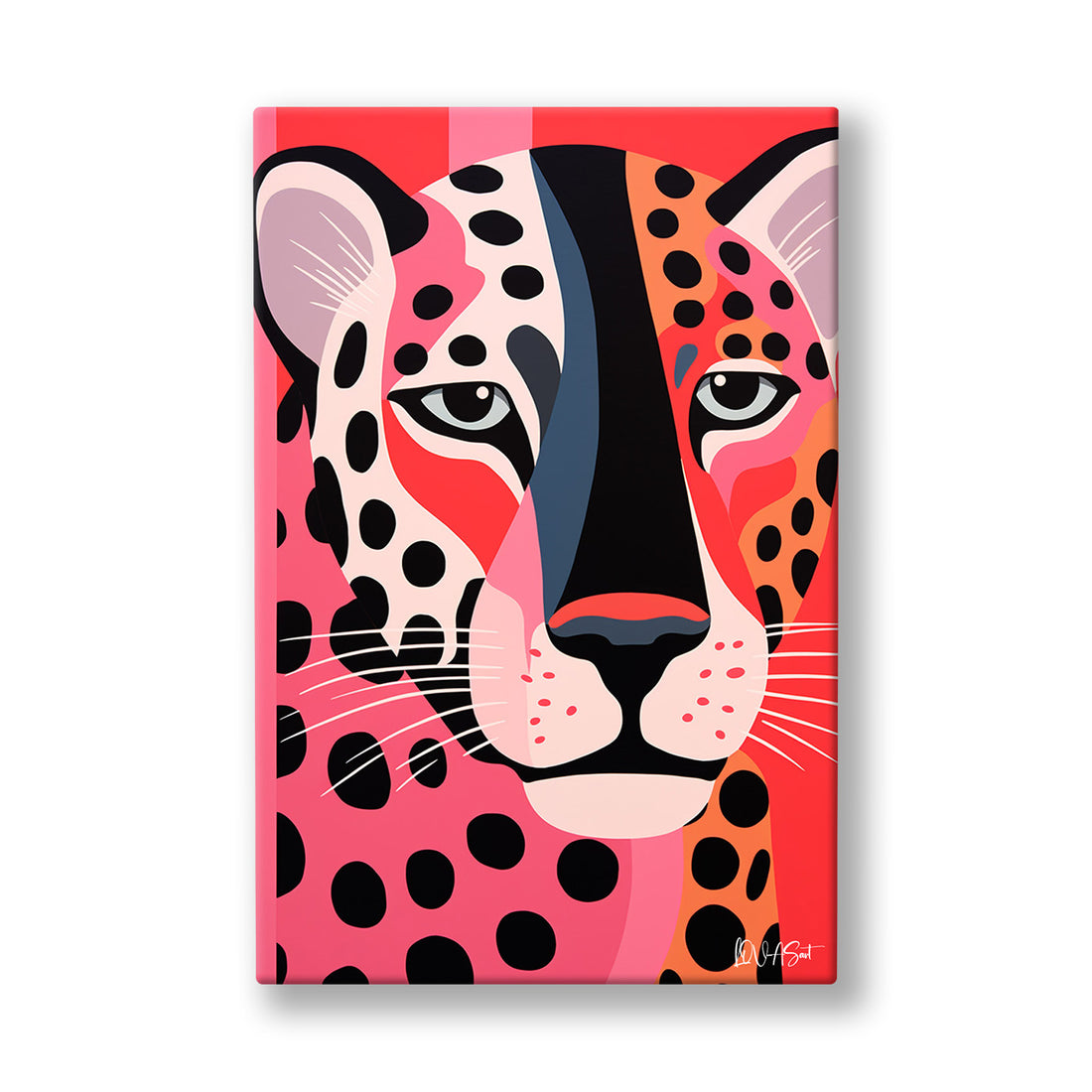Pembe Fonda Leopar kanvas tablo — Mercan pembesi zeminde tam karşıya bakan pop art leopar yüzü.
