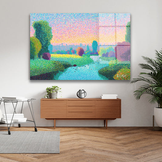Pembe Gökyüzü Nehri cam tablo — iç mekân uygulama örneği