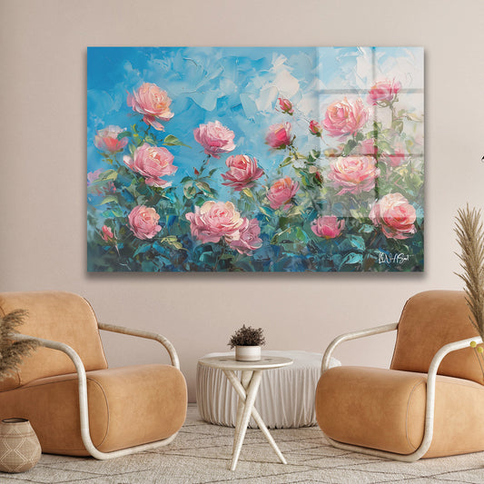 Pembe Gül Bahçesi cam tablo — duvarda dekorasyon görünümü