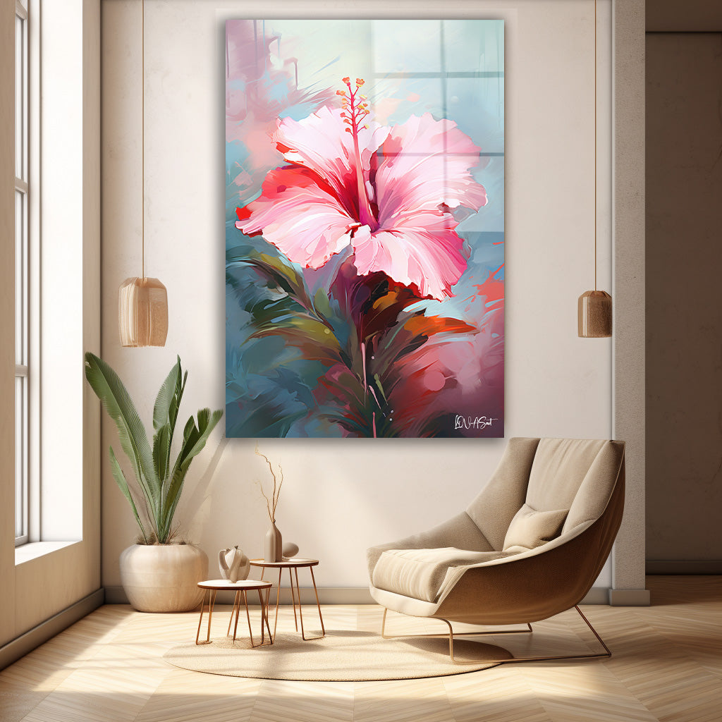 Pembe Hibiskus 2 cam tablo — duvarda dekorasyon görünümü