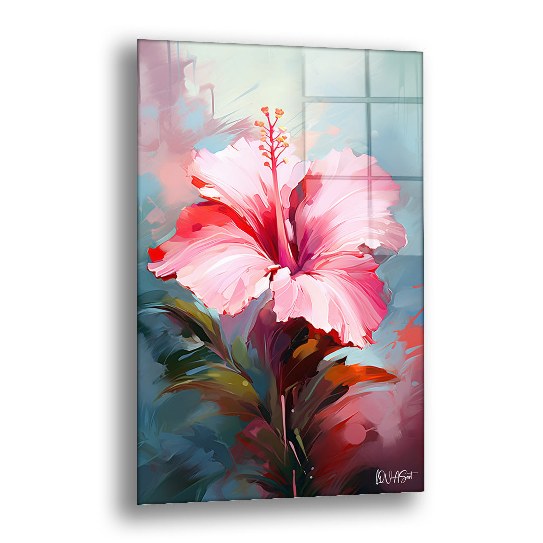 Pembe Hibiskus 2 cam tablo — mavi-turkuaz bir arka planda parlayan pembe bir hibiskusu cesur fırça darbeleriyle anlatır.
