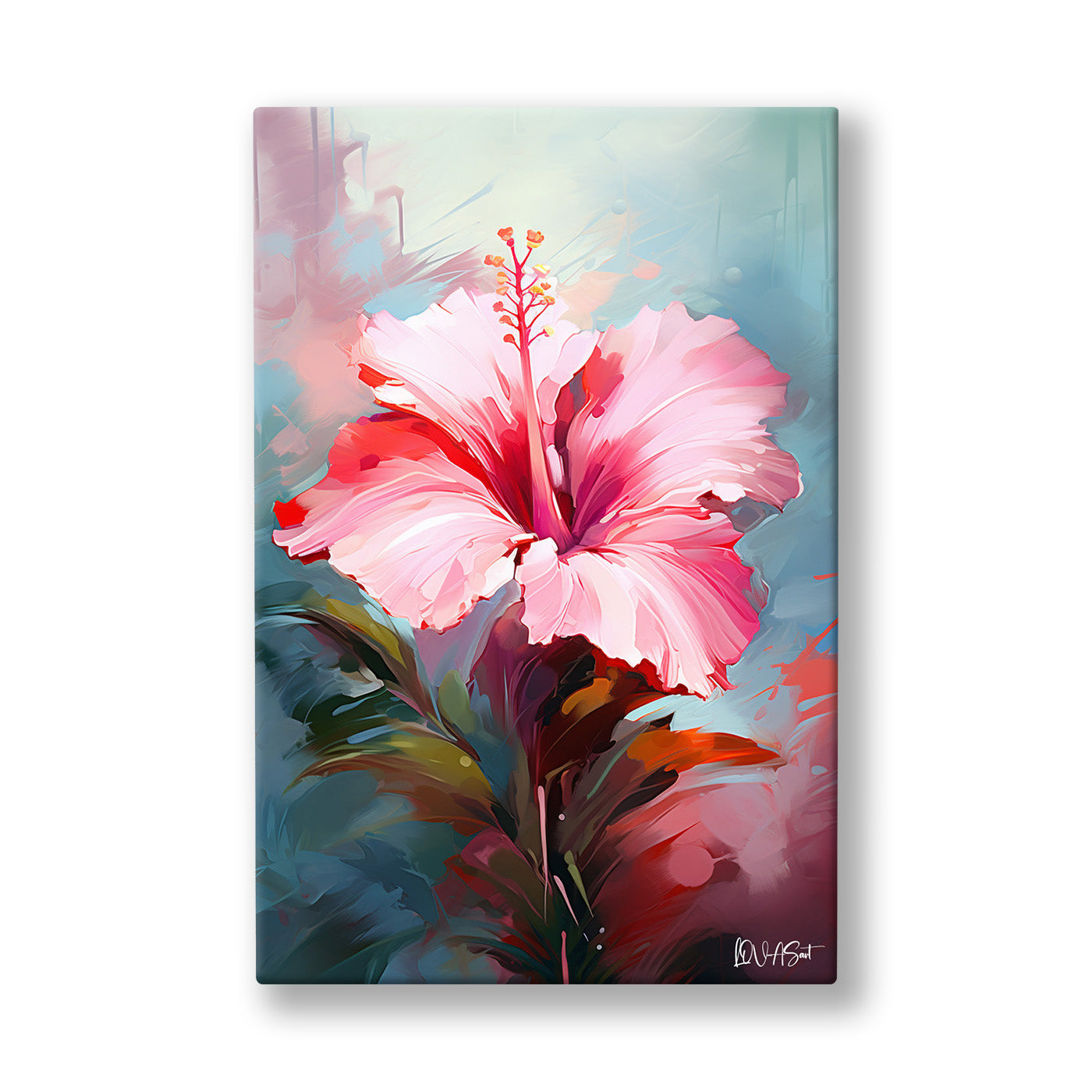 Pembe Hibiskus 2 kanvas tablo — Bordo yaprakların arasından ışığa uzanan iri pembe bir hibiskus.
