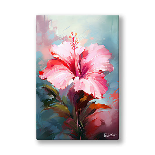 Pembe Hibiskus 2 kanvas tablo — Bordo yaprakların arasından ışığa uzanan iri pembe bir hibiskus.