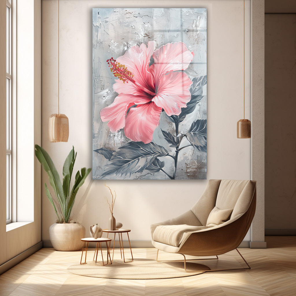 Pembe Hibiskus cam tablo — duvarda dekorasyon görünümü