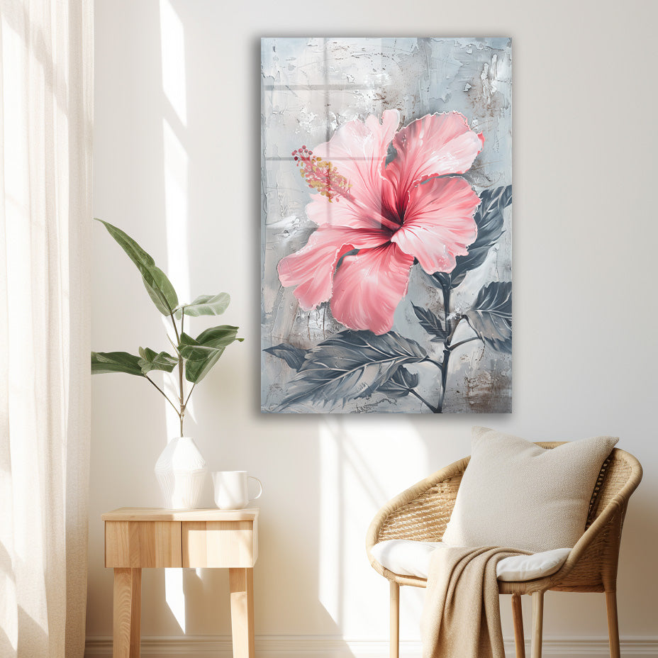 Pembe Hibiskus cam tablo — iç mekân uygulama örneği
