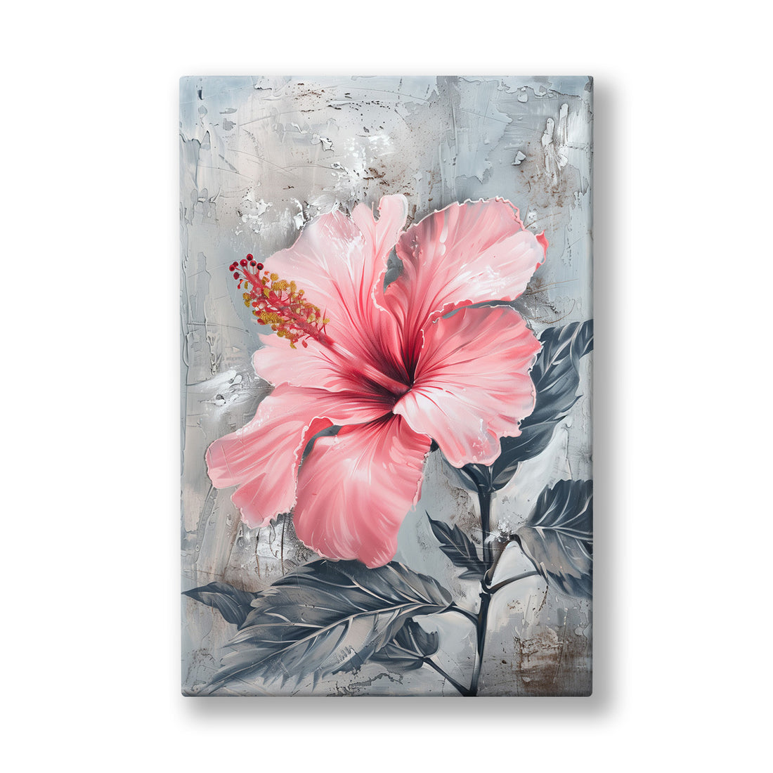 Pembe Hibiskus kanvas tablo — Çatlamış gri bir zeminde tek başına açan soluk pembe hibiskus.