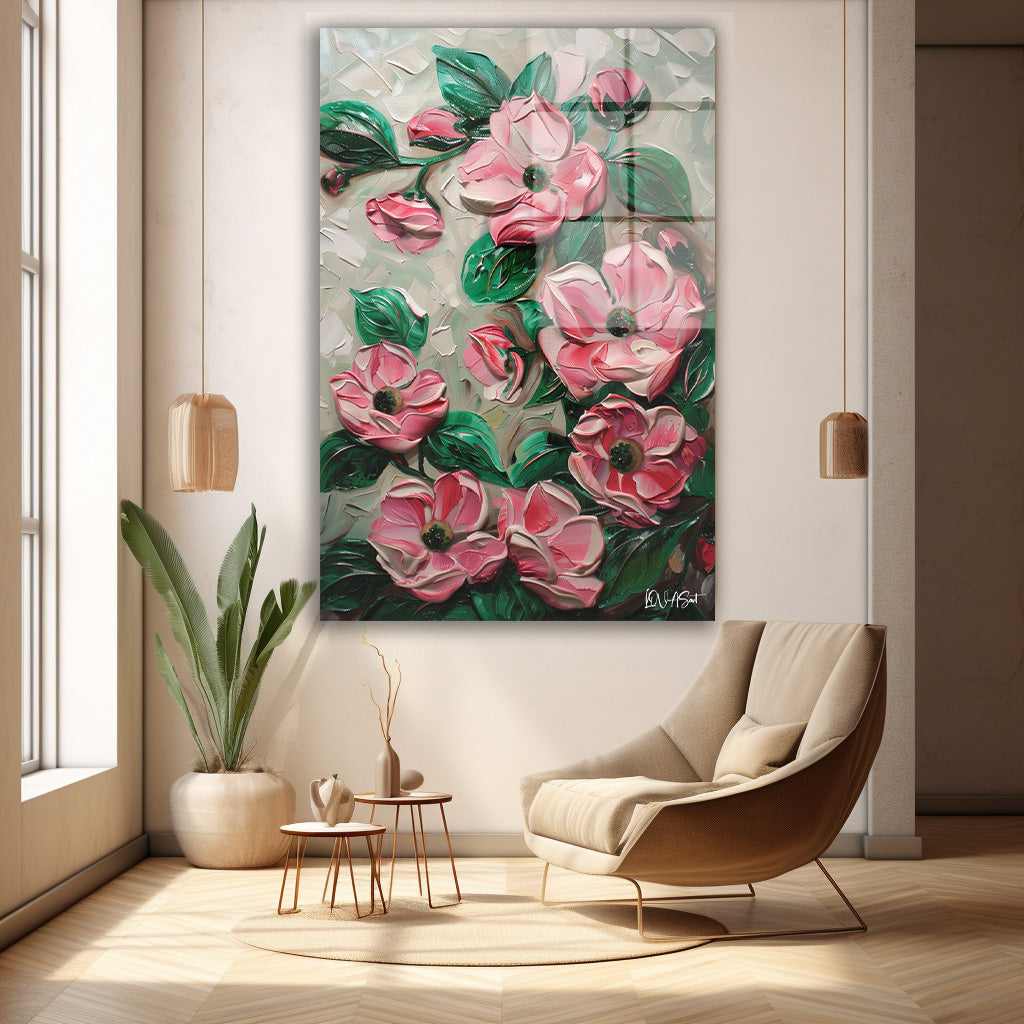 Pembe Kabartma Çiçekler cam tablo — duvarda dekorasyon görünümü
