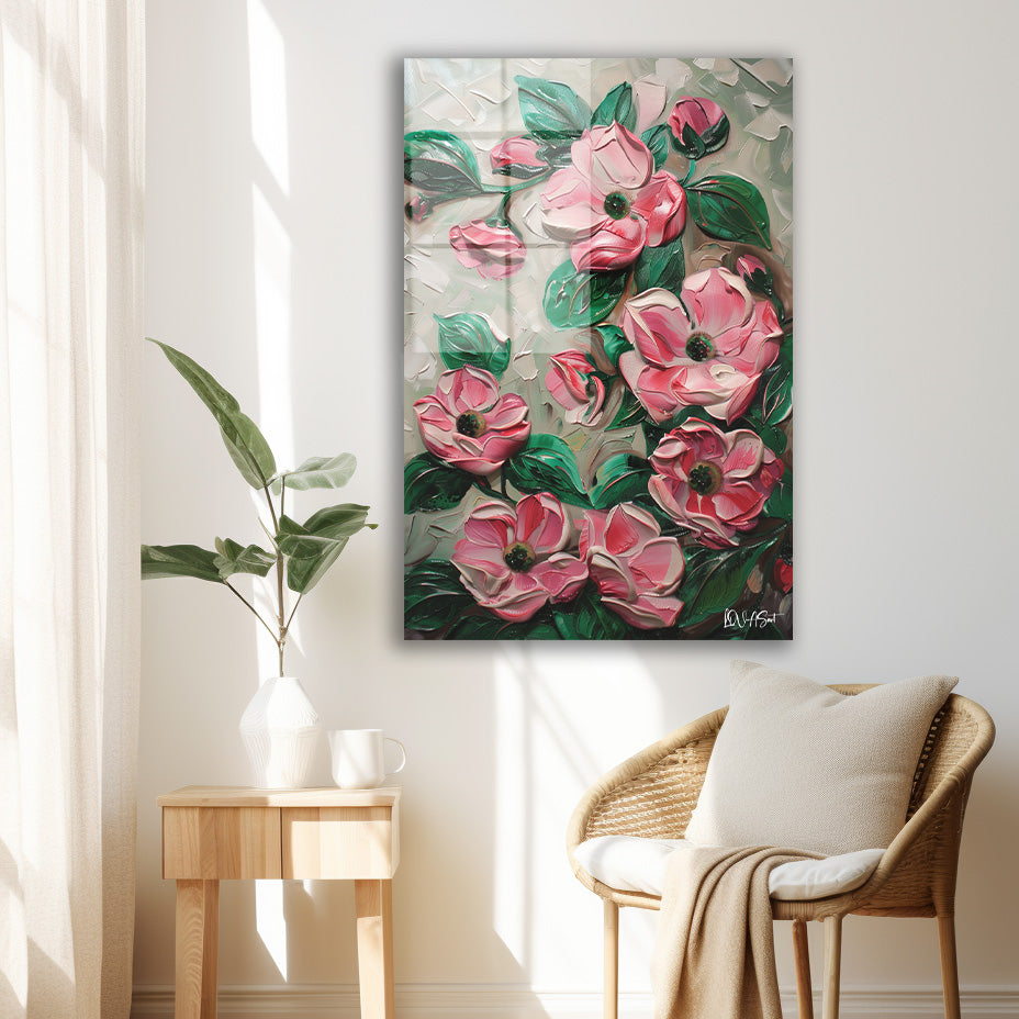 Pembe Kabartma Çiçekler cam tablo — iç mekân uygulama örneği