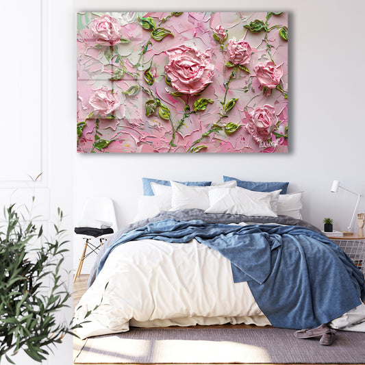 Pembe Kabartma Güller cam tablo — iç mekân uygulama örneği