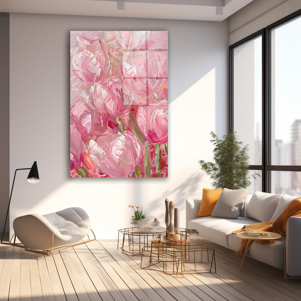 Pembe Kabartma Laleler cam tablo — farklı açıdan görünüm