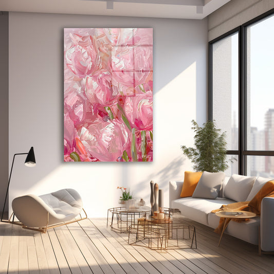 Pembe Kabartma Laleler cam tablo — farklı açıdan görünüm