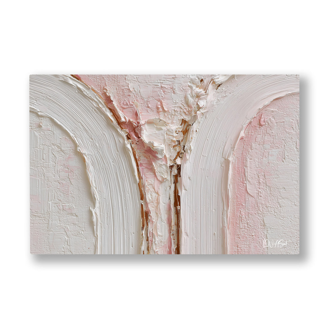 Pembe Kabartma kanvas tablo — Beyaz ve pembe alçının yukarı doğru yarıldığı soyut bir kabartma.