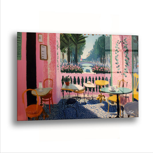 Pembe Kafe 2 cam tablo — Pembe duvarlı bir terasın gölgesinden kanal boyunca uzanan ağaçlara bakılıyor.
