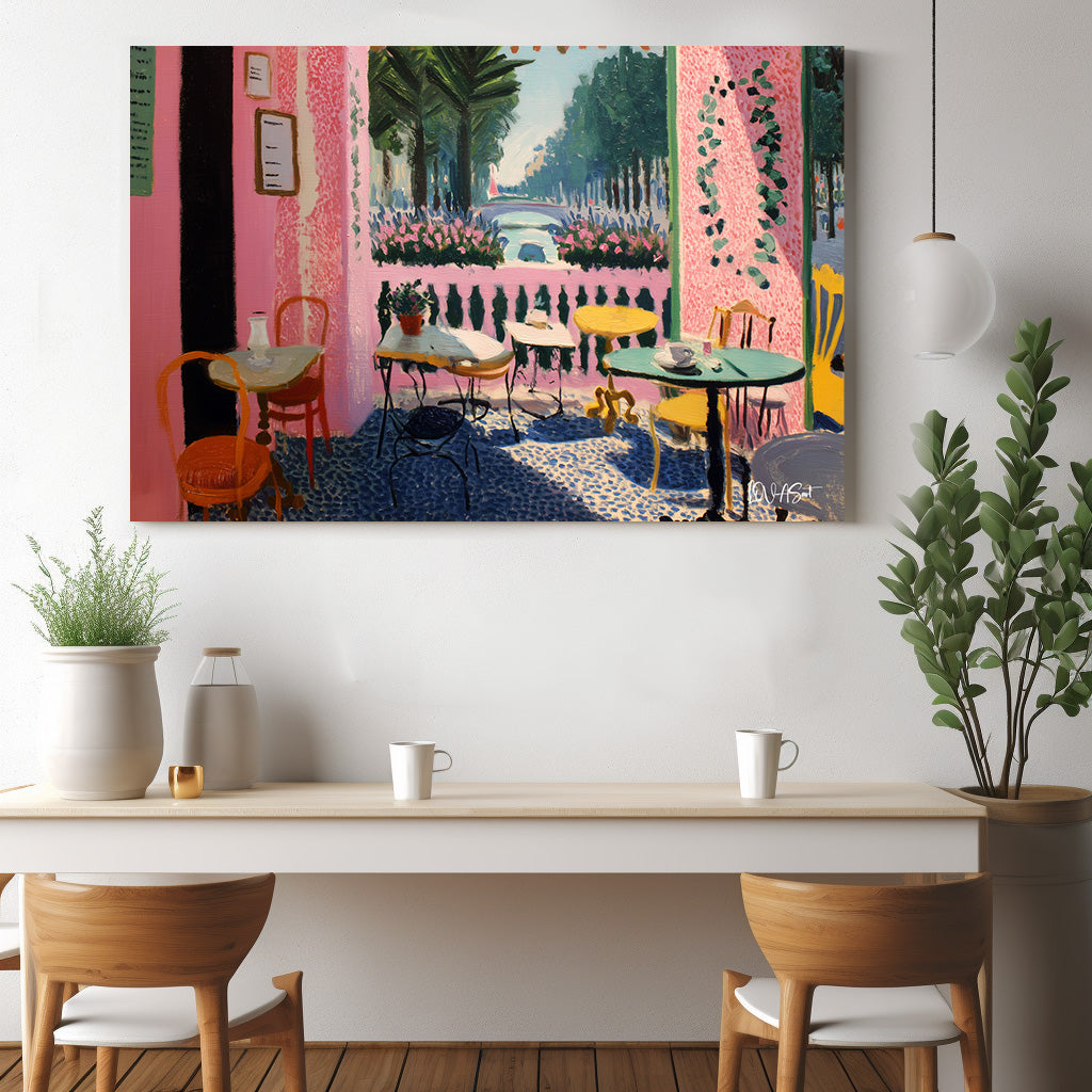 Pembe Kafe kanvas tablo — duvarda dekorasyon görünümü