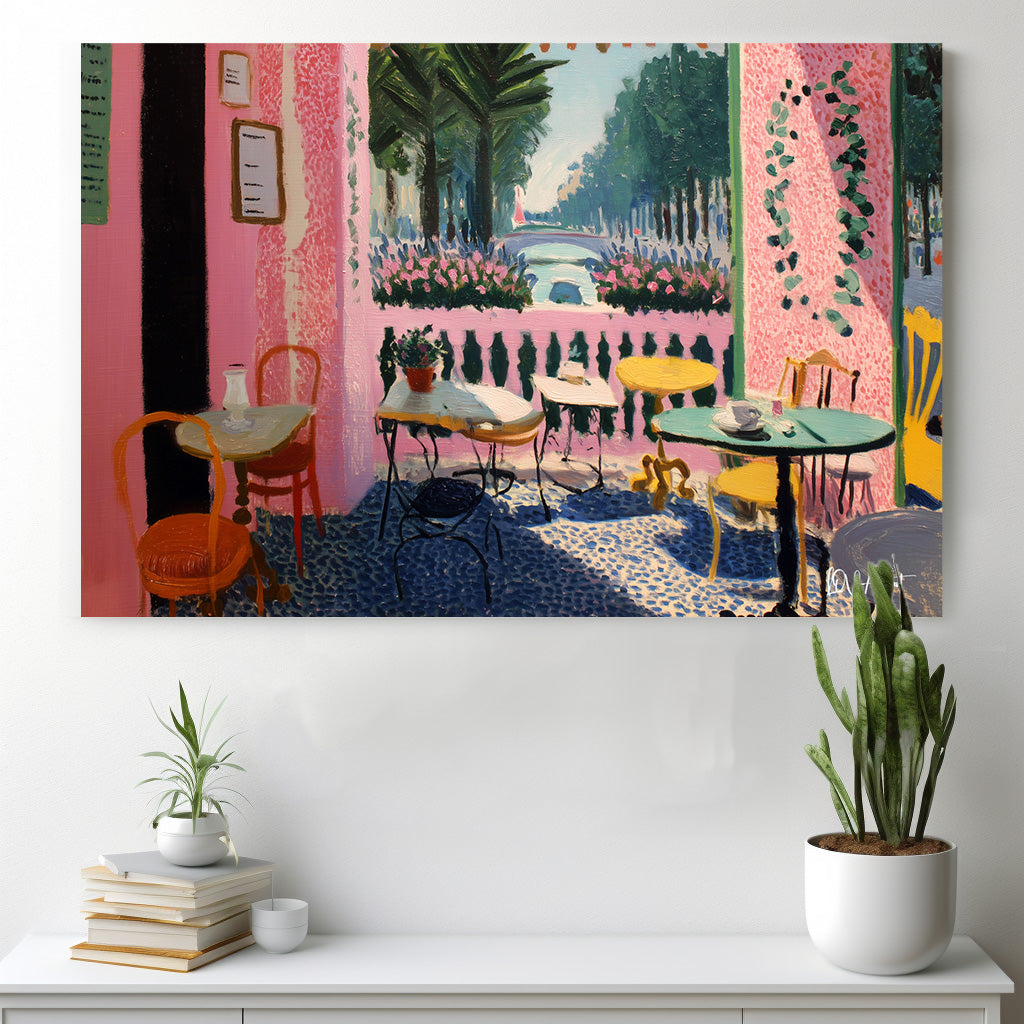 Pembe Kafe kanvas tablo — iç mekân uygulama örneği