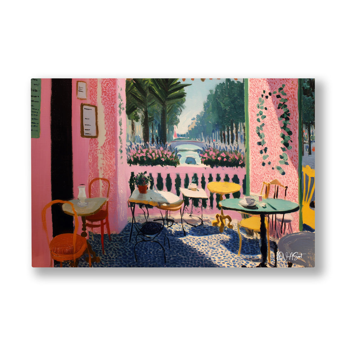 Pembe Kafe kanvas tablo — Pembe duvarlı bir kafeden ağaçlı caddeye açılan neşeli manzara.
