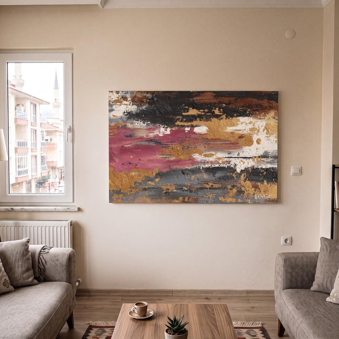 Pembe Kahve Soyut kanvas tablo — detay görünümü