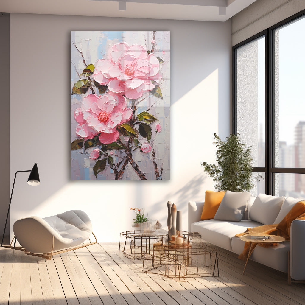 Pembe Kamelya Dalı cam tablo — farklı açıdan görünüm