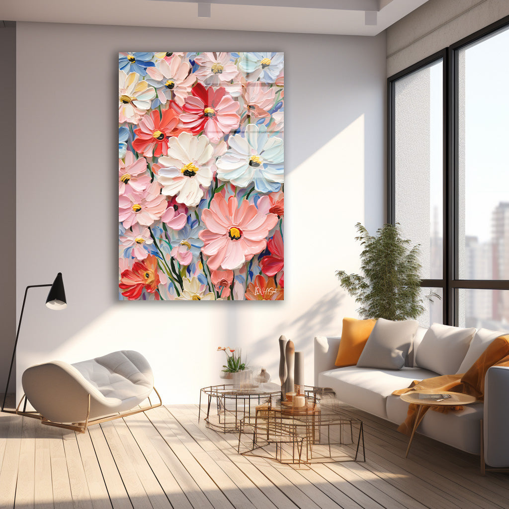 Pembe Kır Çiçekleri 3 cam tablo — farklı açıdan görünüm