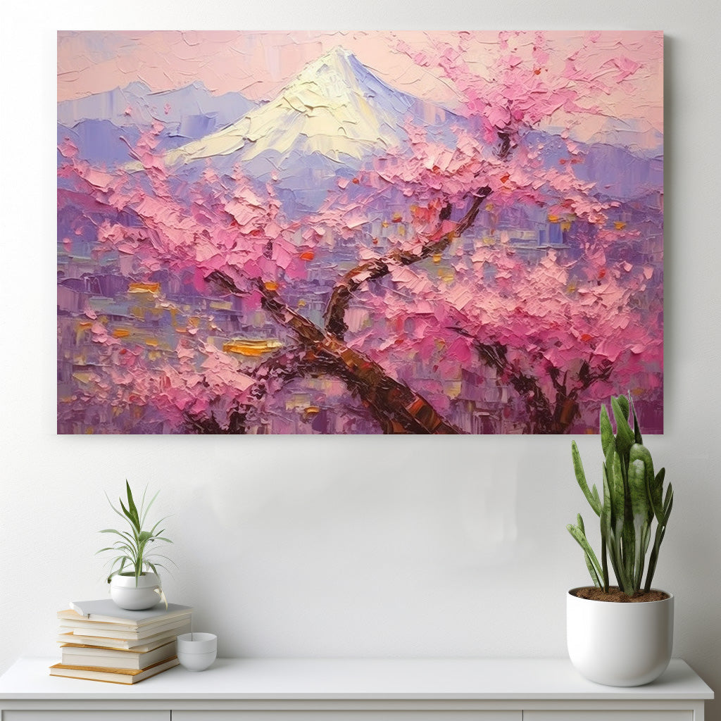 Pembe Kiraz Dağı kanvas tablo — iç mekân uygulama örneği
