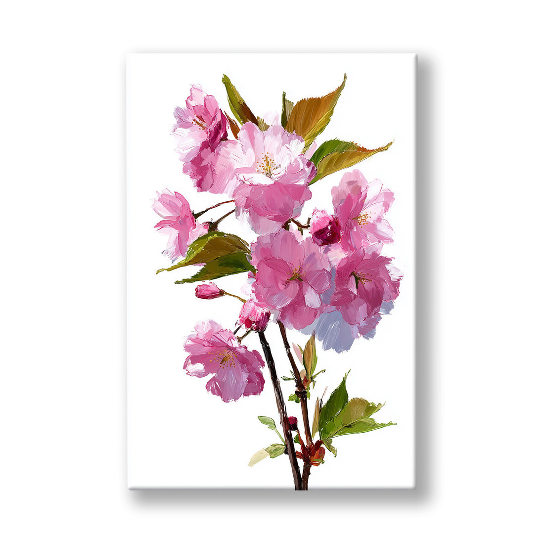 Pembe Kiraz Dalı kanvas tablo — Bembeyaz bir boşlukta tek başına duran katmerli sakura dalı.