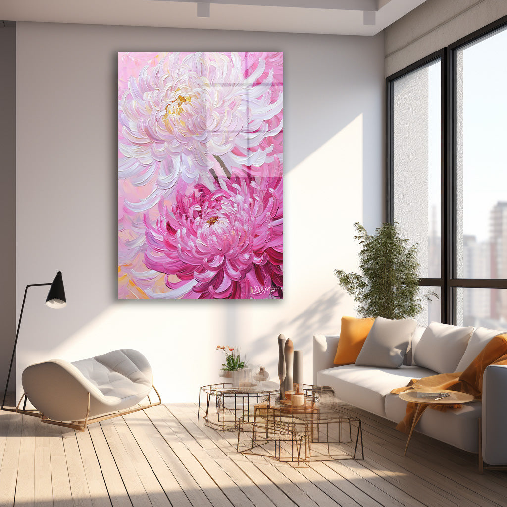 Pembe Krizantem cam tablo — farklı açıdan görünüm