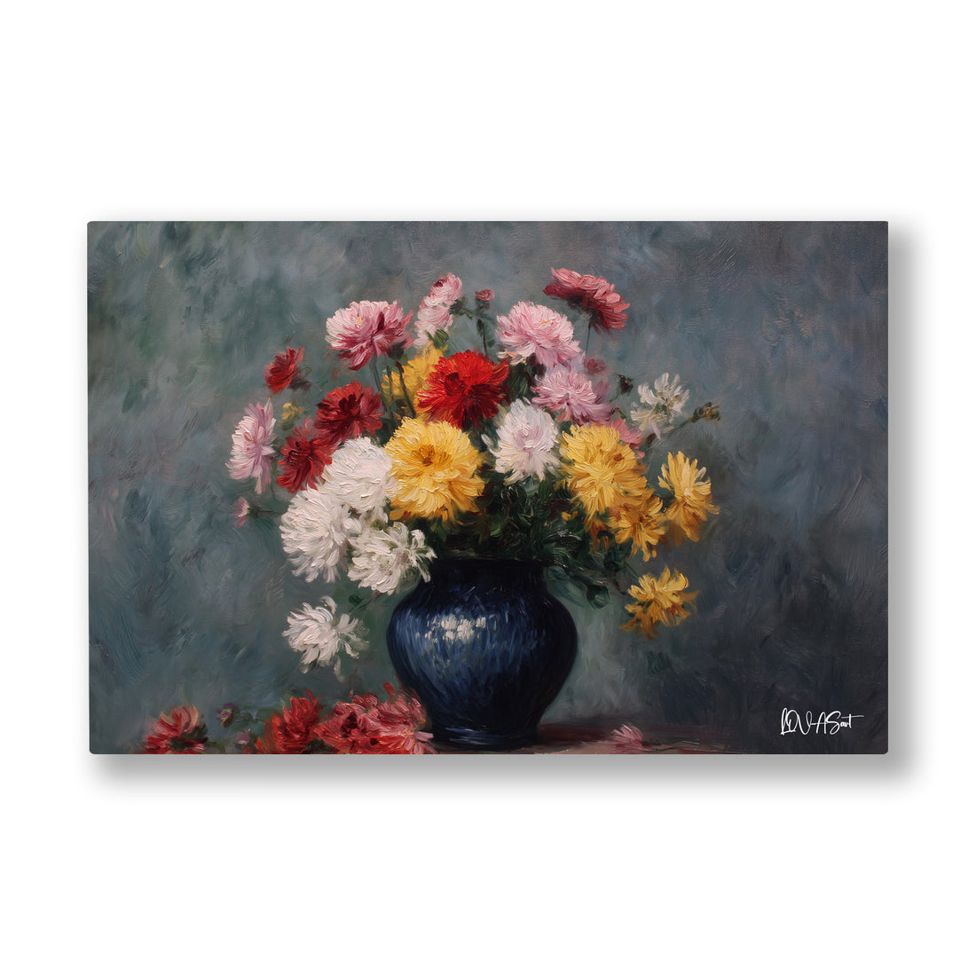 Pembe Krizantemler kanvas tablo — Koyu bir vazoda toplanmış sarı, beyaz ve pembe krizantemler.