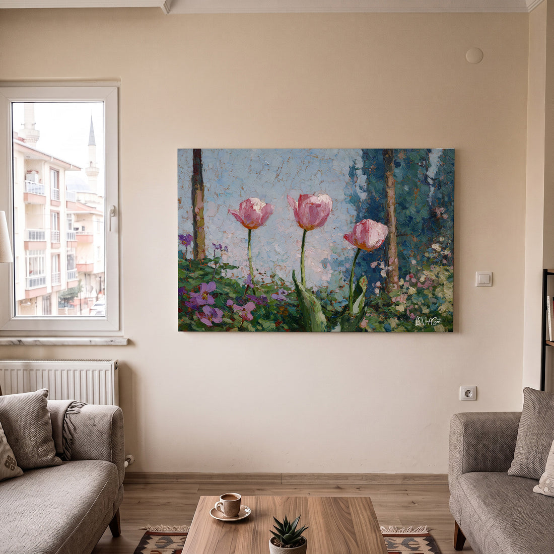 Pembe Laleler 2 kanvas tablo — detay görünümü